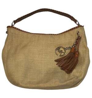Michael Kors Bennett Straw Hobo Shoulder Bag with Tassel and Whipstitch Detail